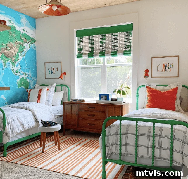 Brilliant Shared Kids' Bedroom Hacks 17 shared bedroom with map mural and green wood beds