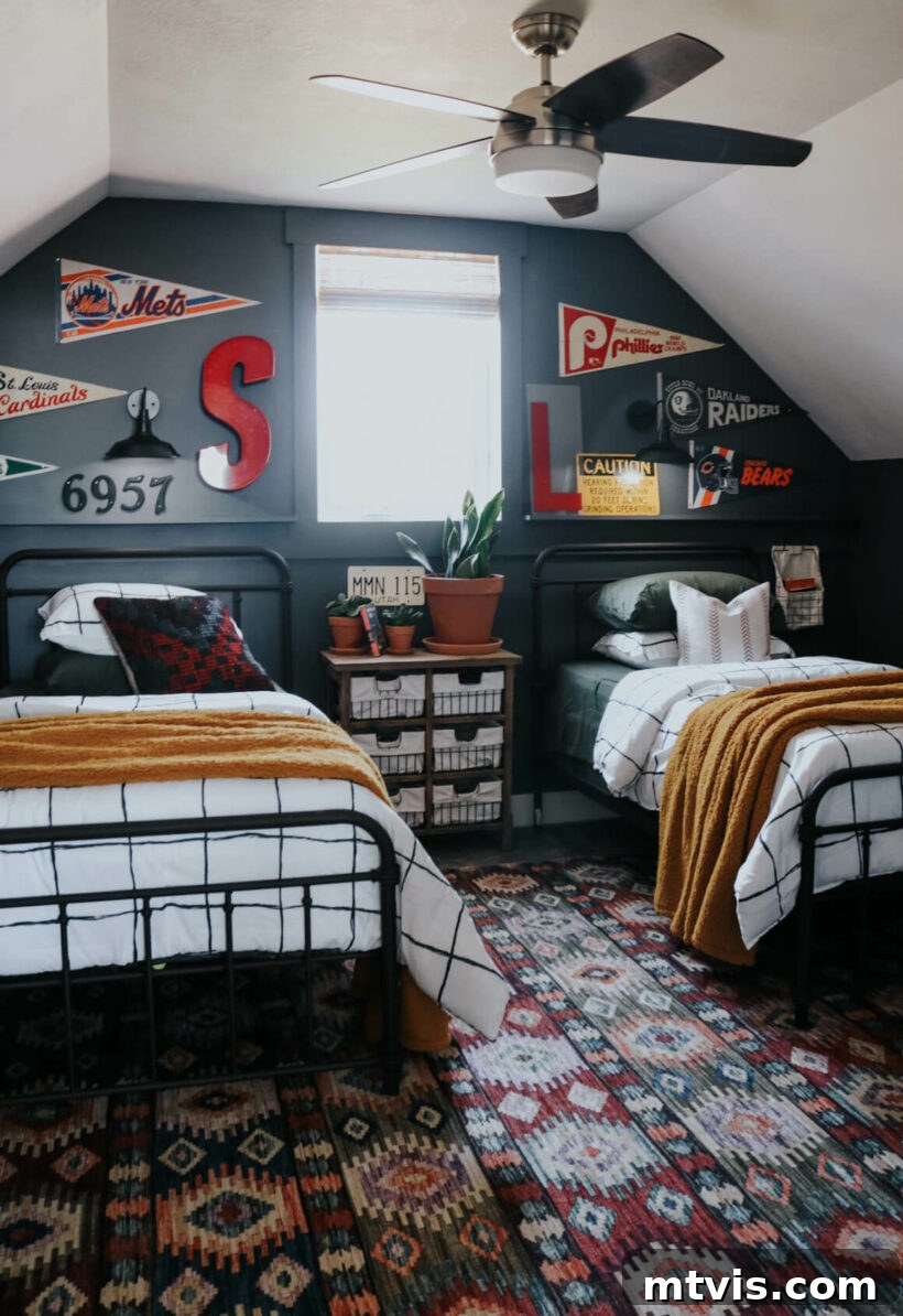 Brilliant Shared Kids' Bedroom Hacks 20 shared bedroom with twin beds pennant collection on wall