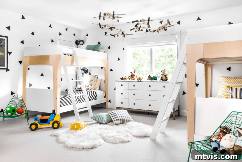 Brilliant Shared Kids' Bedroom Hacks 21 black and white kids room with two set of bunk beds and planes hanging from ceiling