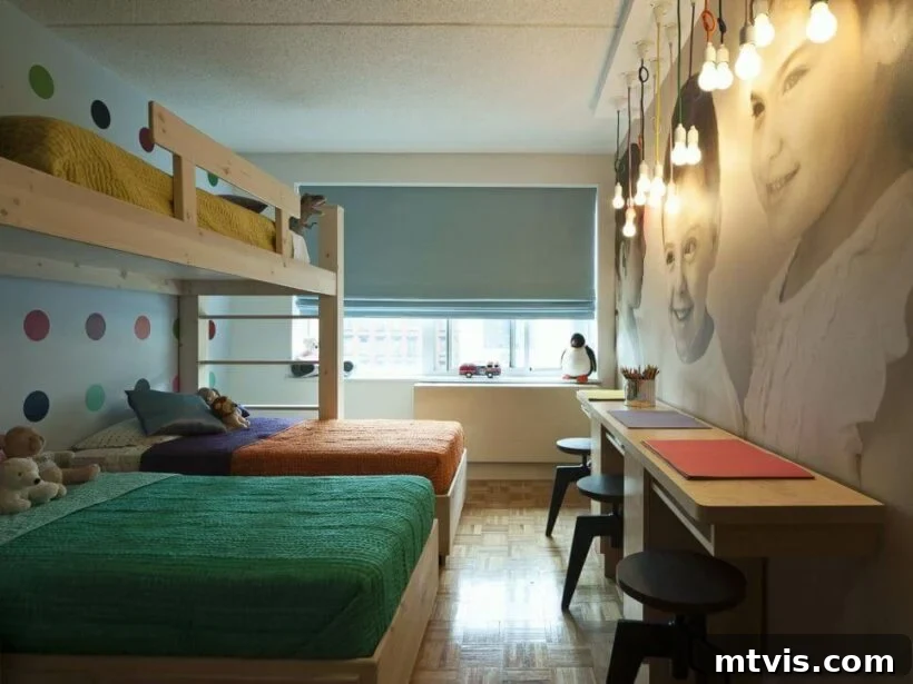 Brilliant Shared Kids' Bedroom Hacks 22 narrow kids' room with double bed bunk bed and desk along wall