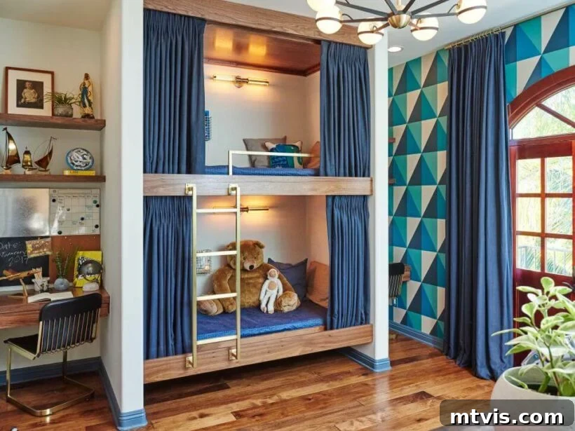 Brilliant Shared Kids' Bedroom Hacks 23 bunk beds with curtains and graphic blue and green wallpaper