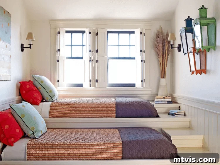 Brilliant Shared Kids' Bedroom Hacks 27 platform beds with striped bed spreads in front of windows