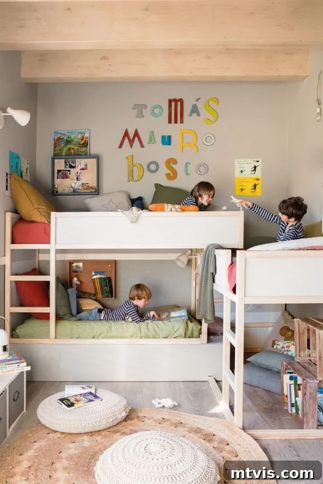 Brilliant Shared Kids' Bedroom Hacks 28 triple bunk bed with kids laying in each bed and primary color decor