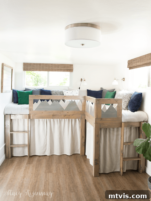 Brilliant Shared Kids' Bedroom Hacks 29 raised wood beds with ladders and curtains hiding what is underneath
