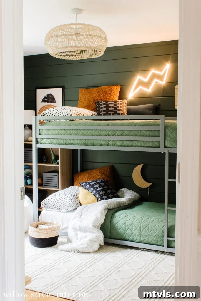 Brilliant Shared Kids' Bedroom Hacks 30 dark green walls and gray bunk bed with light green bedding