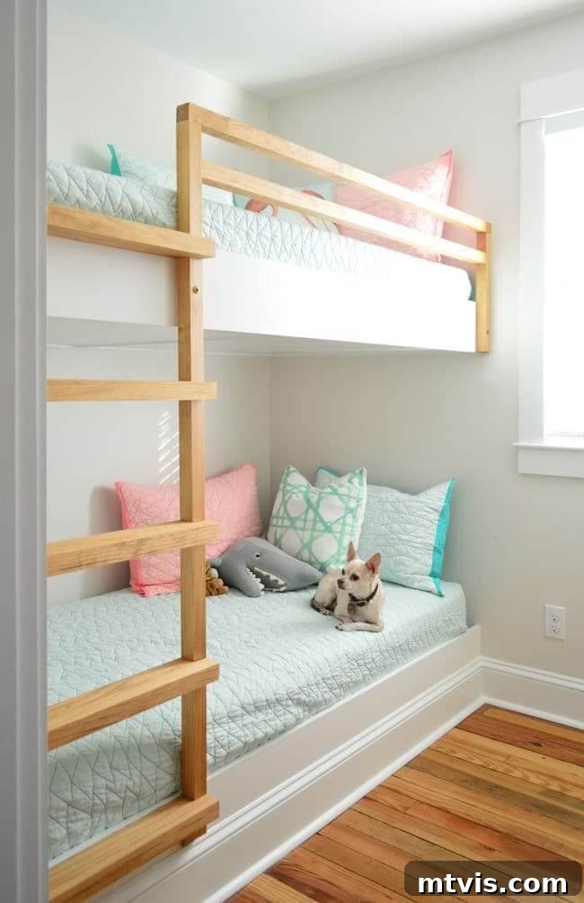 Brilliant Shared Kids' Bedroom Hacks 31 white bunk beds with natural wood ladder and rails