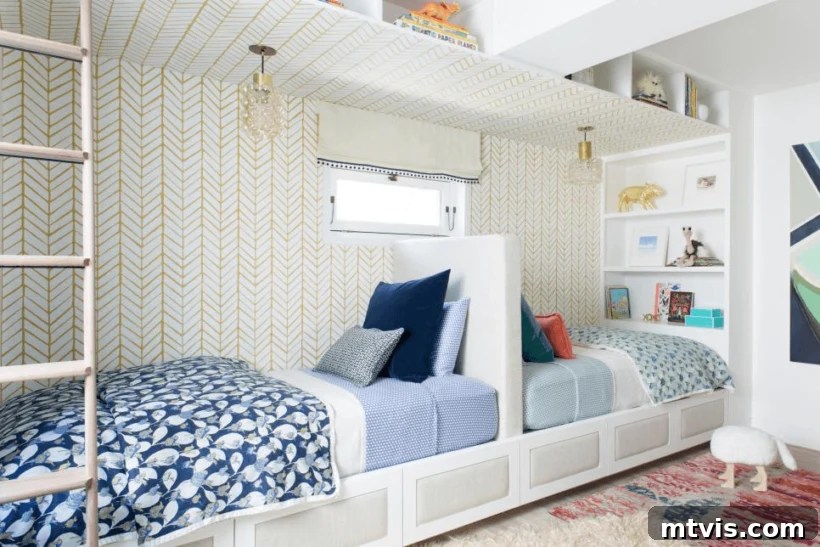 Brilliant Shared Kids' Bedroom Hacks 5 built in twin beds in blue and gold shared girls' room
