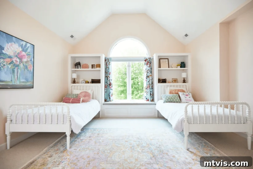Brilliant Shared Kids' Bedroom Hacks 7 blush bedroom with white Jenny Lend beds and floral painting