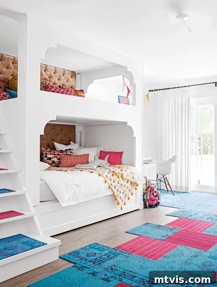 Brilliant Shared Kids' Bedroom Hacks 9 white built in bunk bed with bright decor and upholstered wall