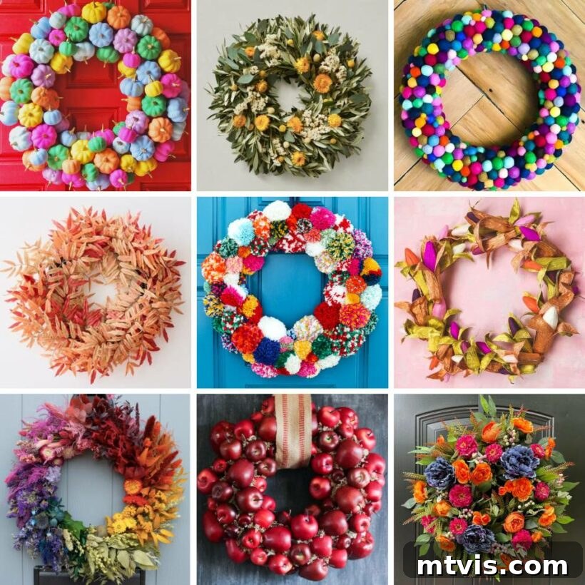 A vibrant collage showcasing diverse and unique fall wreath ideas, blending traditional autumn elements with modern, colorful twists.
