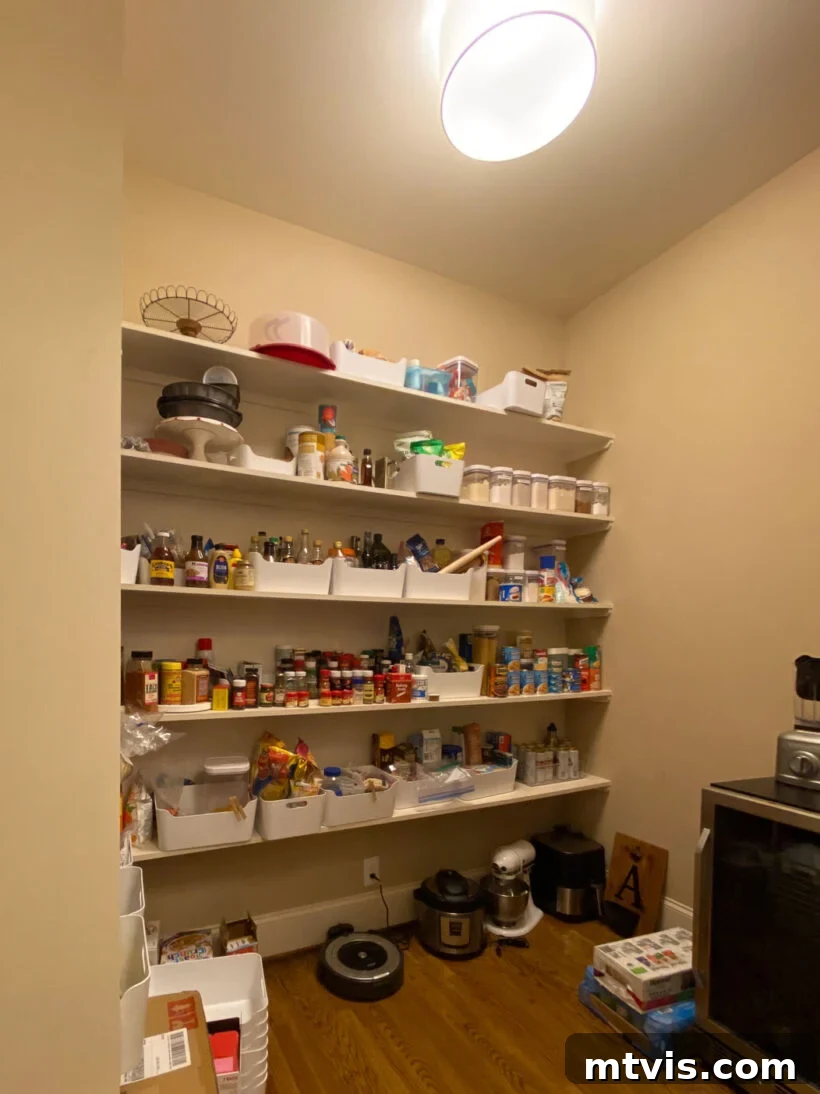 Thrifty Pantry Transformation 2 Cluttered walk-in pantry before makeover showing disorganized shelves and floor