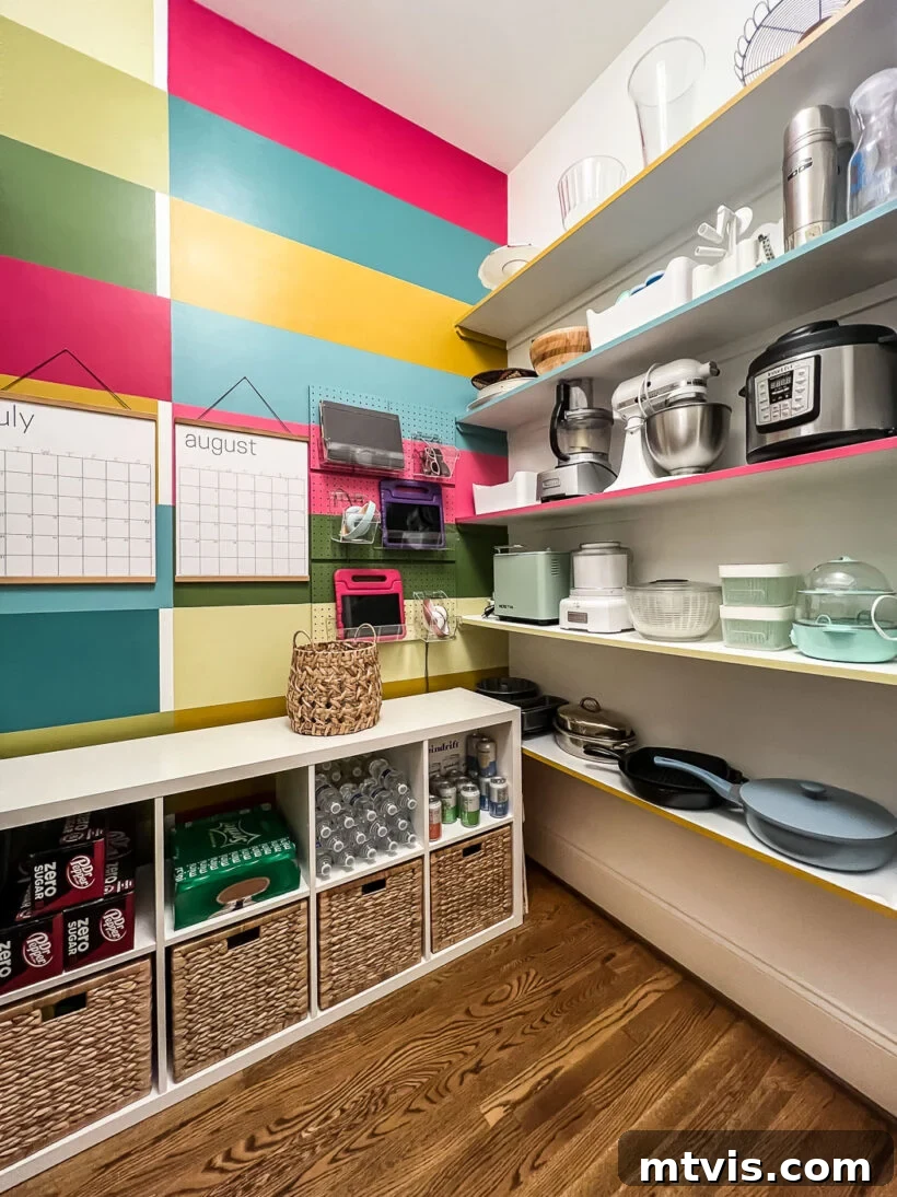 Thrifty Pantry Transformation 13 Colorful walk-in pantry after makeover, showcasing organized small appliances and cookware