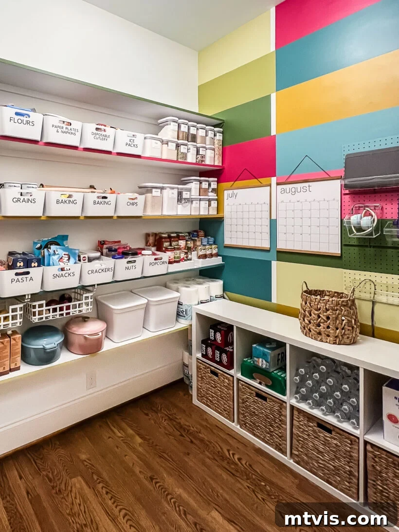 Thrifty Pantry Transformation 5 Colorful walk-in pantry with a hand-painted wall mural and organized shelves