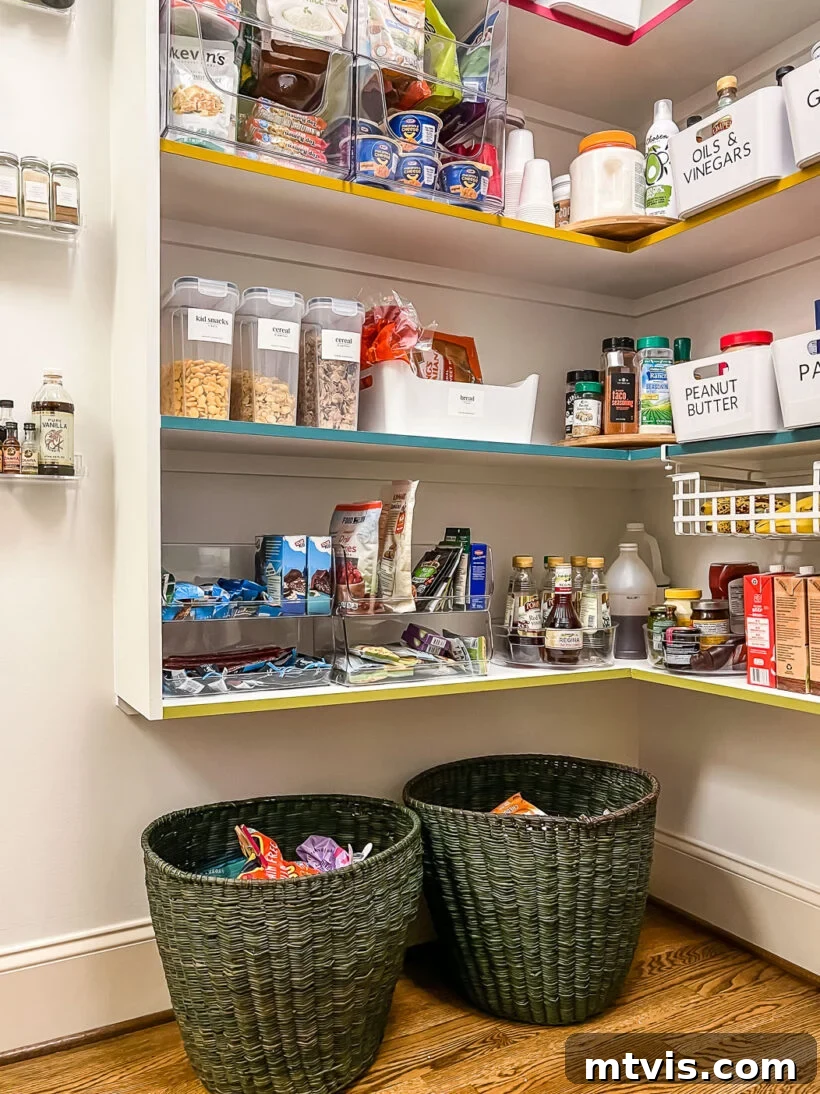 Thrifty Pantry Transformation 8 Floor baskets holding bulk dry goods in an organized walk-in pantry