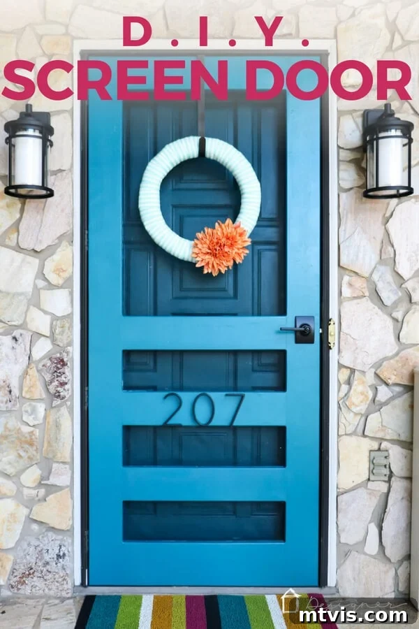Craft Your Perfect Screen Door 2 Beautiful teal blue custom DIY screen door on a stone facade home