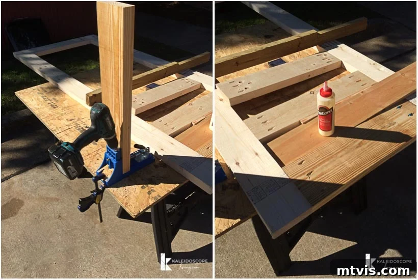 Craft Your Perfect Screen Door 6 Attaching horizontal supports to the DIY screen door frame using a Kreg jig