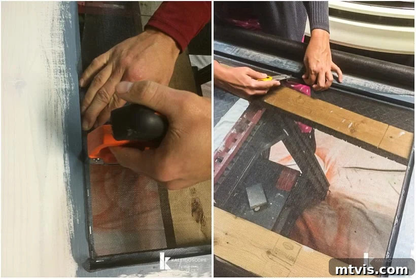 Craft Your Perfect Screen Door 10 Attaching screening material to the DIY screen door with a staple gun