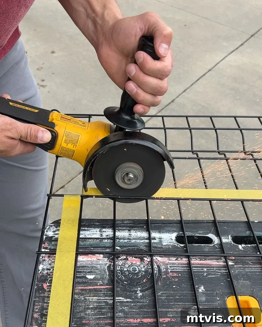 A close-up of a steel fence panel being prepared for installation into a DIY dog crate, ensuring it fits the arched opening.