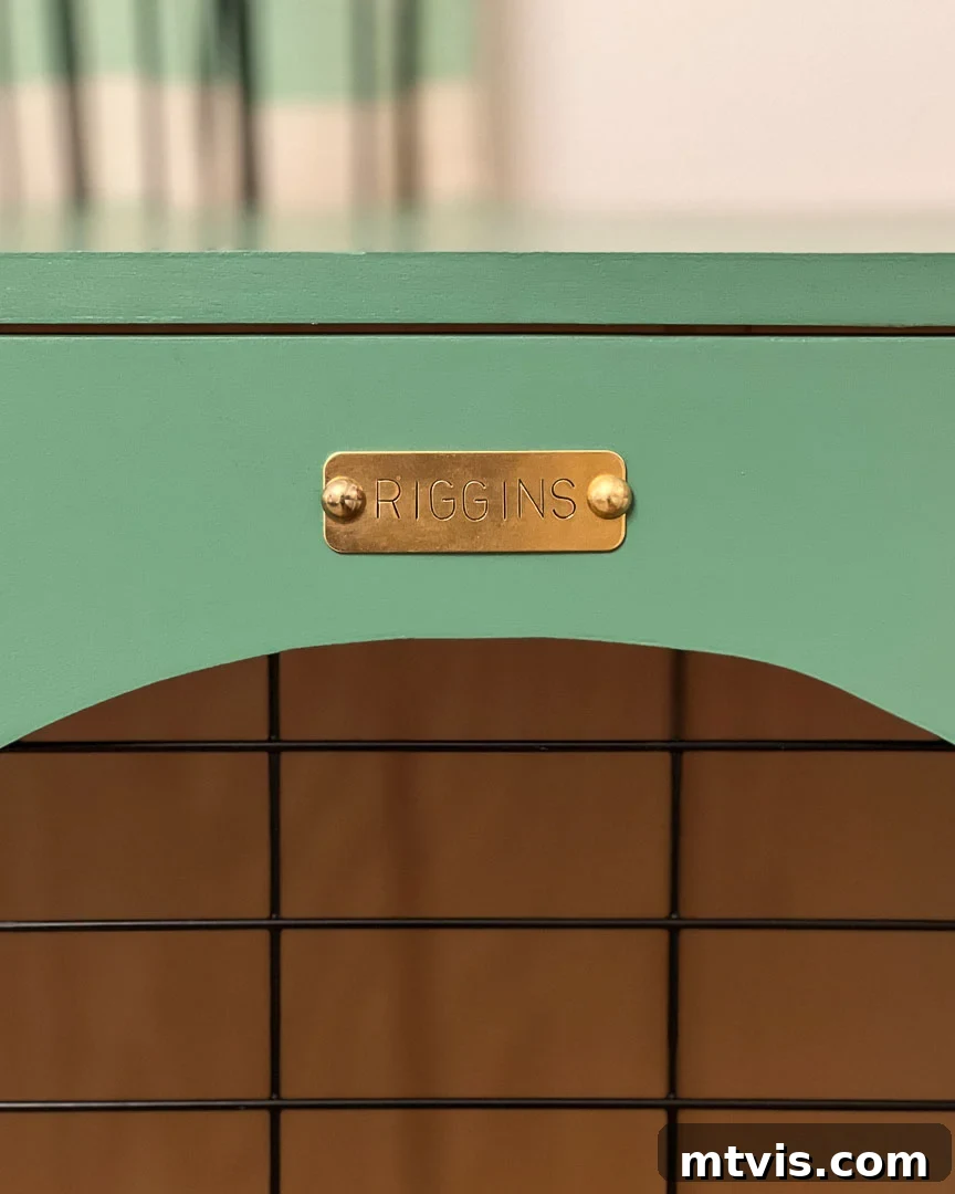 A close-up of a hand-punched brass name plate adorning a DIY wooden dog crate, featuring intricate details and personalization.