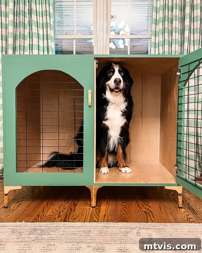 A magnificent Bernese Mountain Dog comfortably resting inside a custom DIY wood dog crate, painted a sophisticated green with brass accents, demonstrating seamless integration into home decor.
