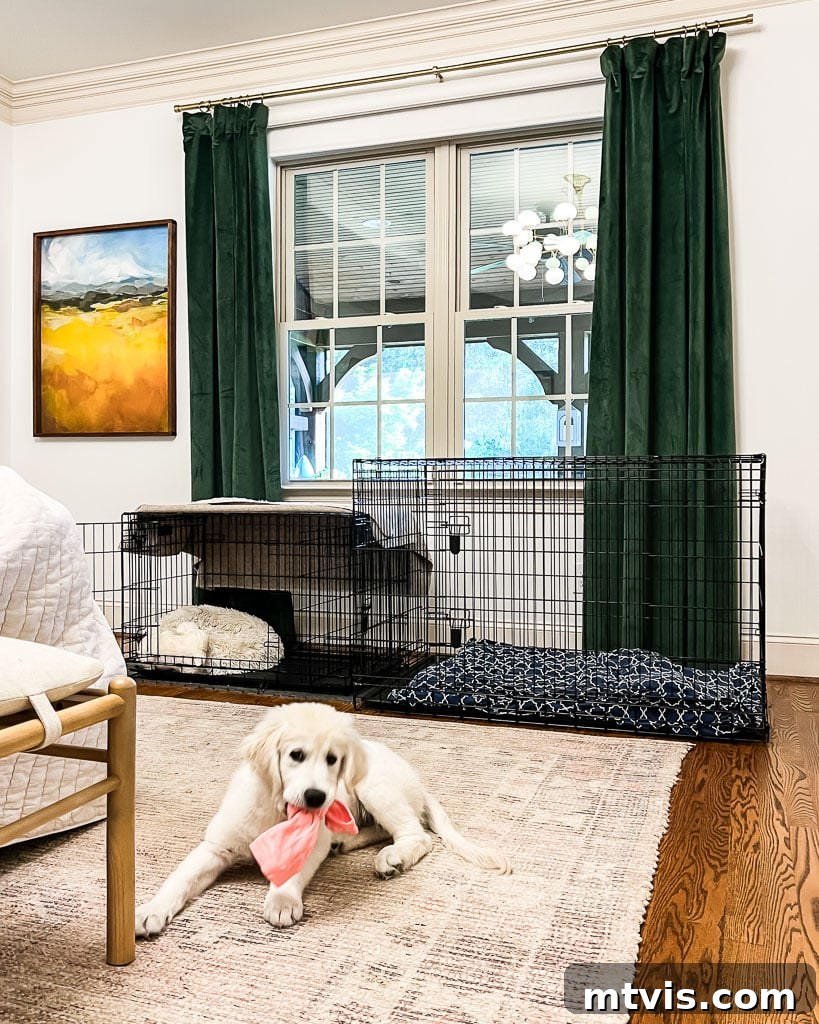 Unattractive metal dog crates prominently placed in a bedroom, contrasting with the room's decor.