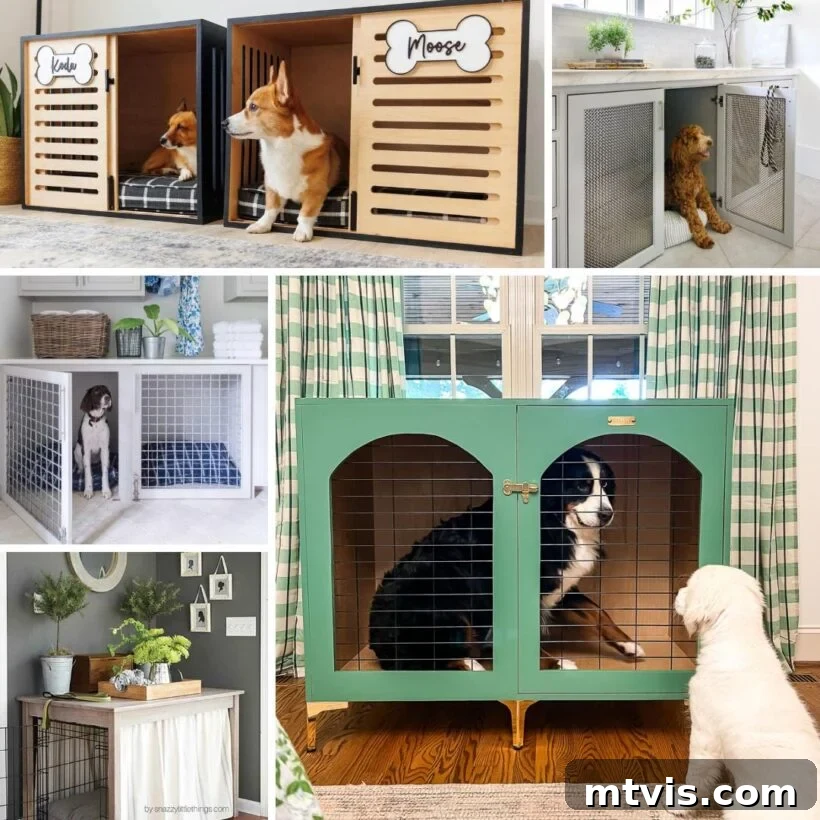 Designer Dog Dens: DIY Builds for Stylish Homes 2 collage image of 5 DIY dog crate ideas