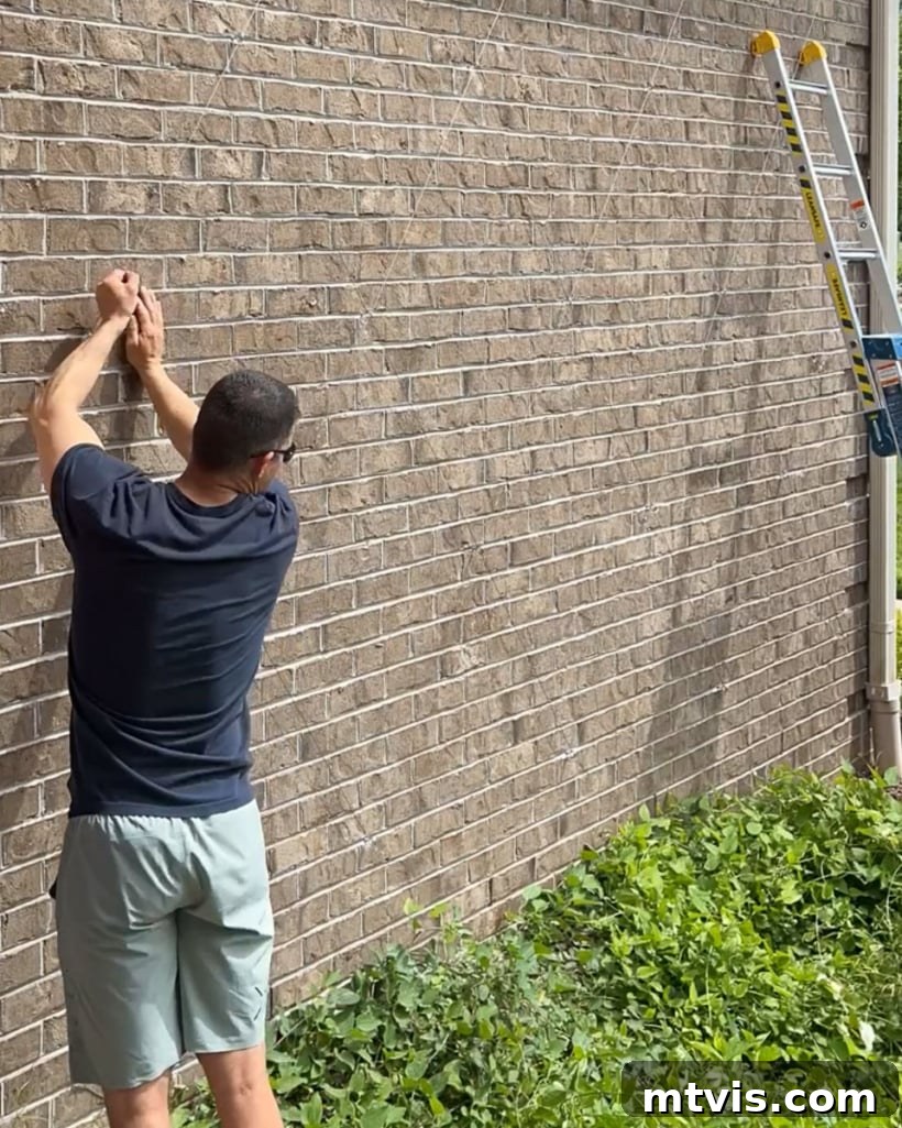 Galvanized wire rope being installed to form a diamond trellis pattern on an exterior brick wall