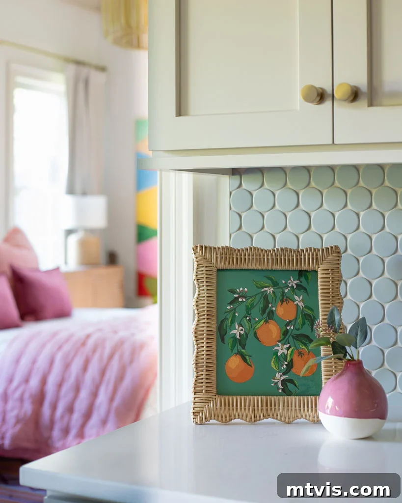 Our Kitchen Reveal: Serene Neutrals, Lively Hues 14 Kitchen backsplash featuring light-blue oversized penny tile, perfectly complementing the Accessible Beige cabinets, creating a serene and stylish backdrop.