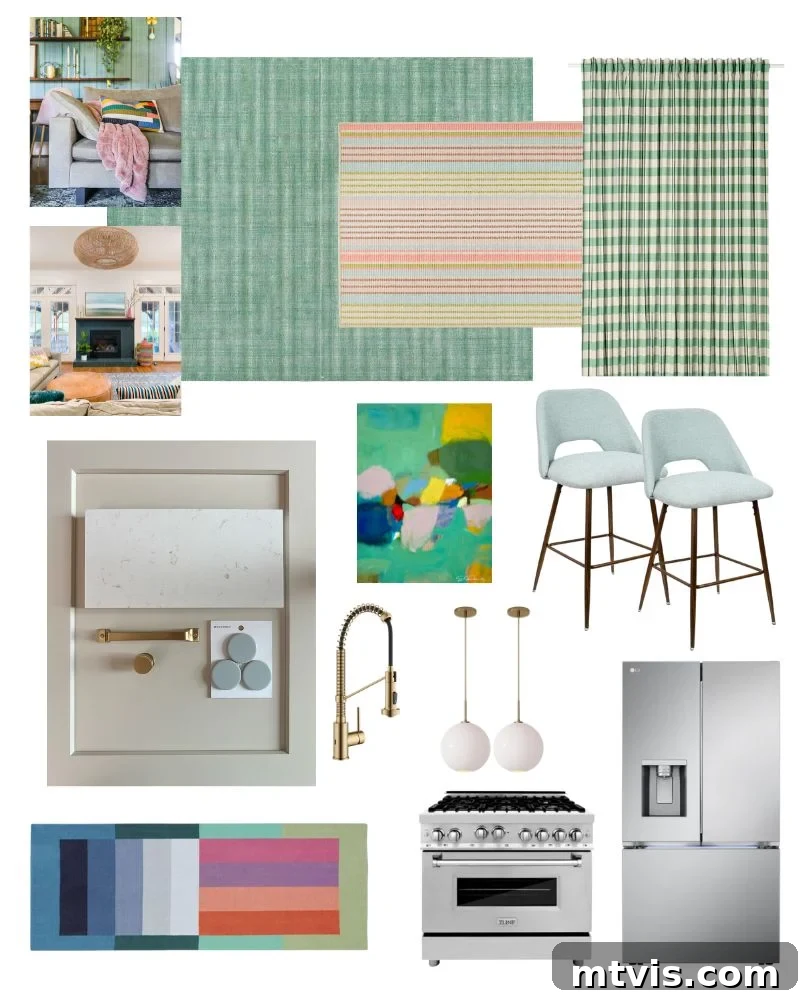Our Kitchen Reveal: Serene Neutrals, Lively Hues 17 Digital mood board for a colorful kitchen design by Kaleidoscope Living, showcasing paint swatches, fabric samples, and potential decor items for a harmonious space.