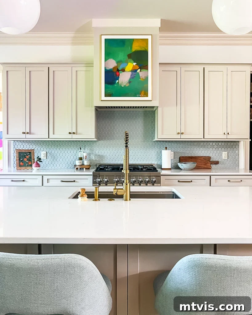 Our Kitchen Reveal: Serene Neutrals, Lively Hues 10 Newly installed shaker style kitchen cabinets in a neutral Accessible Beige color, offering ample upper storage and a modern, clean aesthetic.