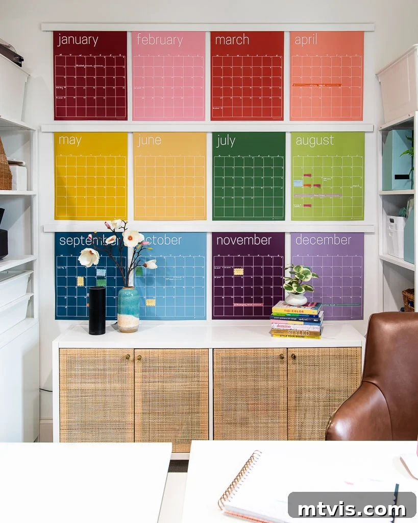 Colorful wall calendar hanging elegantly in an office from faux oversized poster hangers, showcasing a chic and organized display solution.