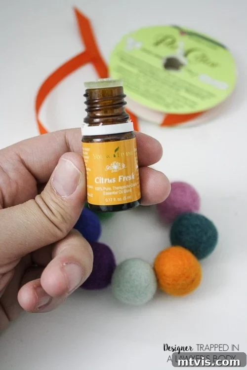 Homemade Pure Car Fragrance 7 A hand holds a bottle of essential oils in Citrus Fresh scent over a circle of felt balls and a spool of orange ribbon.