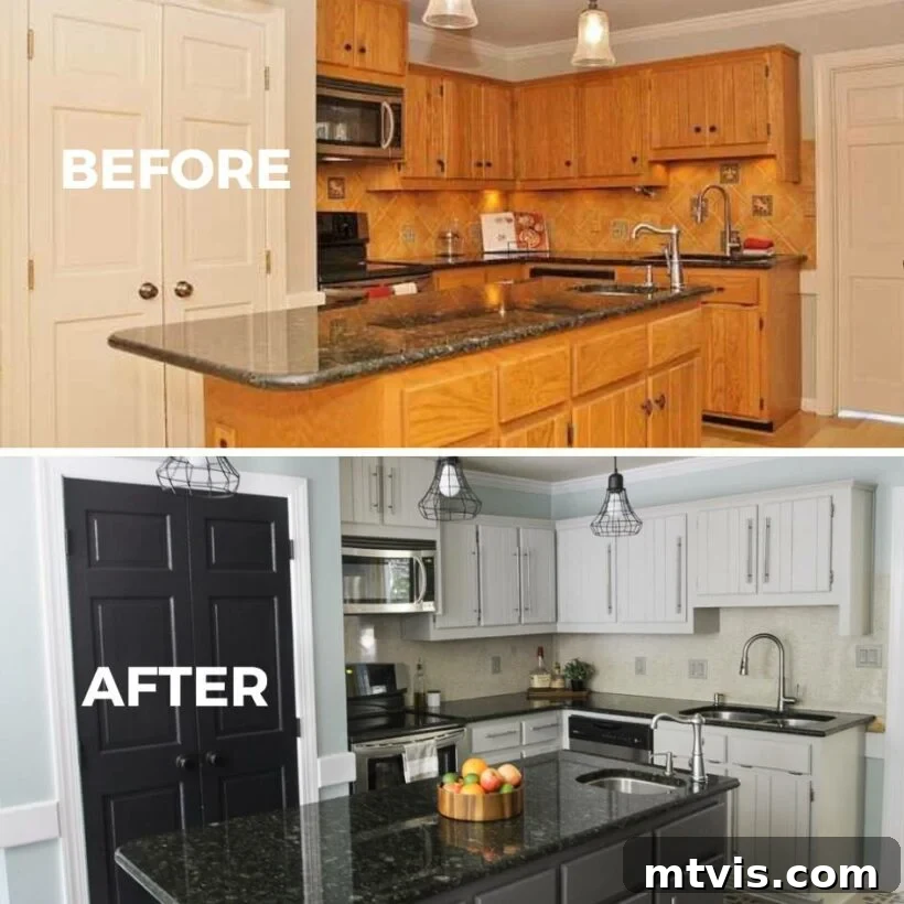 My Triple-Tested Method for Perfectly Painted Kitchen Cabinets 3 collage with before image of kitchen with outdated orange oak wood cabinets above image of same kitchen after the kitchen cabinets were painted with gray paint colors from General Finishes Milk Paint, showcasing a dramatic transformation