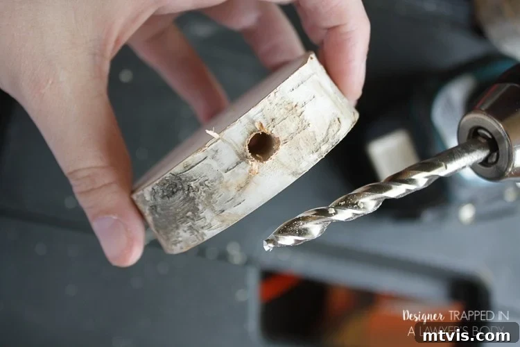 DIY Stacked Wood Lamp: Designer Style on a Budget 6 Drilling a horizontal hole into the side of the base wood slice