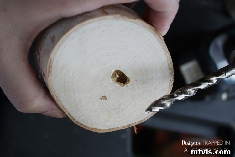 DIY Stacked Wood Lamp: Designer Style on a Budget 7 Drilling a vertical hole into the top center of the wood slice to meet the side hole