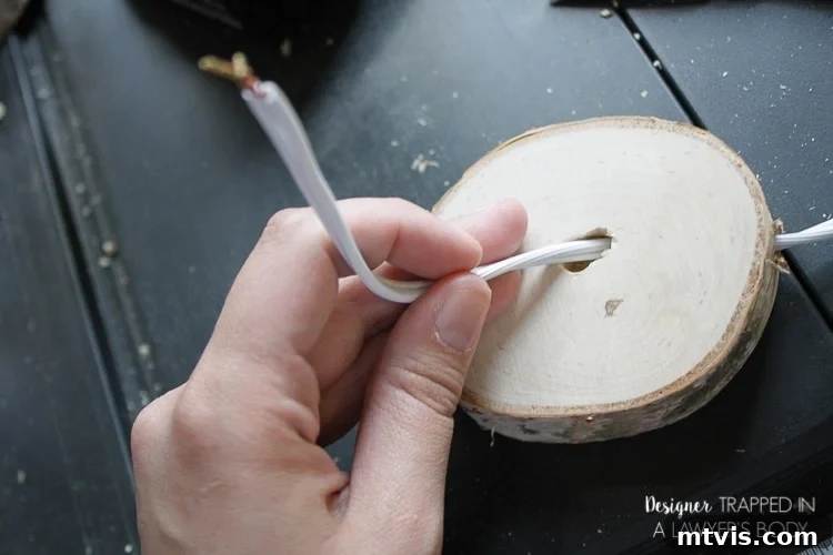 DIY Stacked Wood Lamp: Designer Style on a Budget 8 Threading the lamp cord through the base wood slice