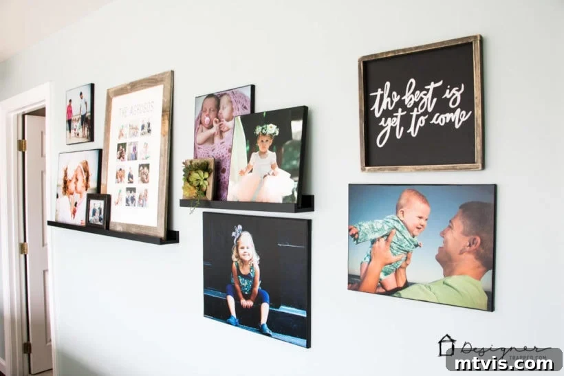 DIY Textured Photo Canvas Art 17 gallery wall with ledges and photo canvases