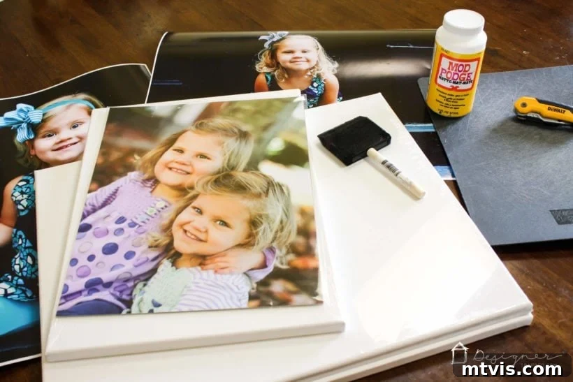 DIY Textured Photo Canvas Art 3 making a DIY photo canvas, showing Mod Podge and photo on canvas