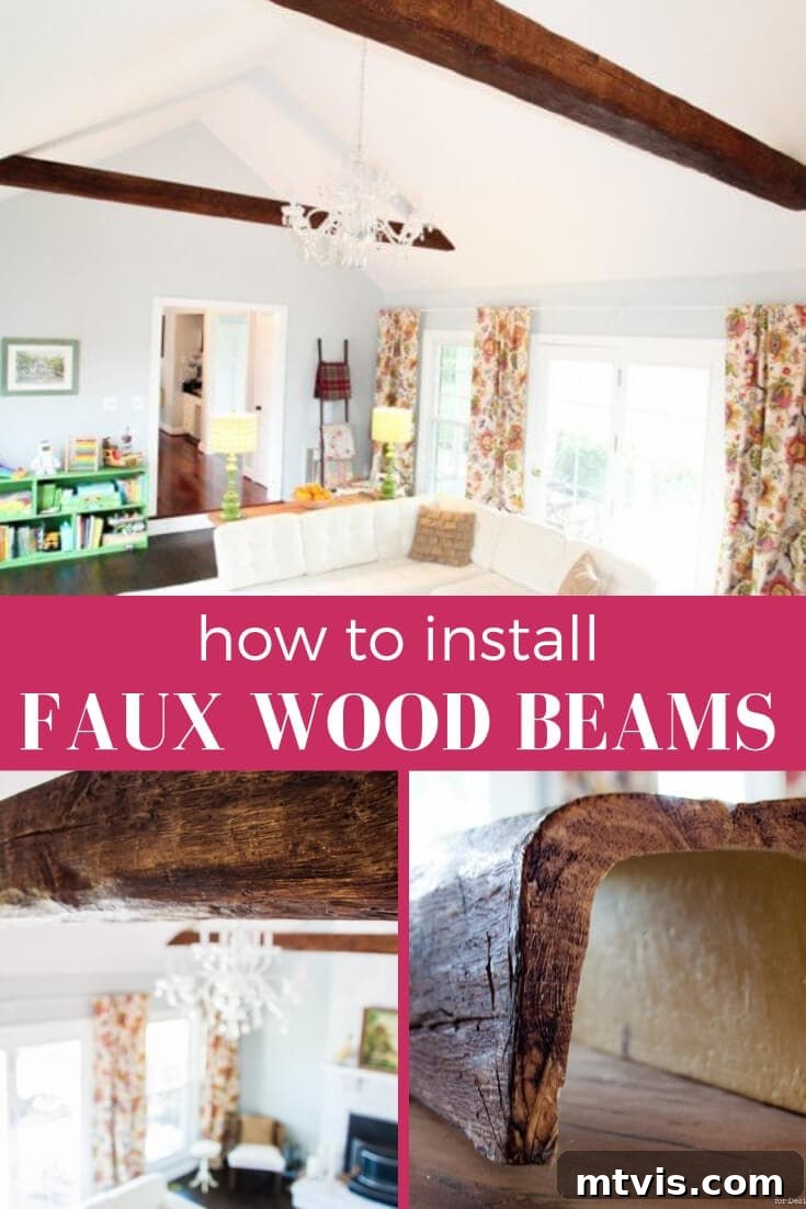 Achieve Stunning Ceilings Faux Wood Beam DIY 2 Stunning faux wood beams transforming a living room ceiling, adding rustic elegance and architectural depth.