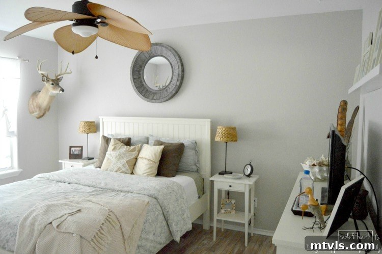 Build a Beautiful Wood Plank Accent Wall 4 Before shot of a guest room lacking character, ready for a DIY plank wall transformation