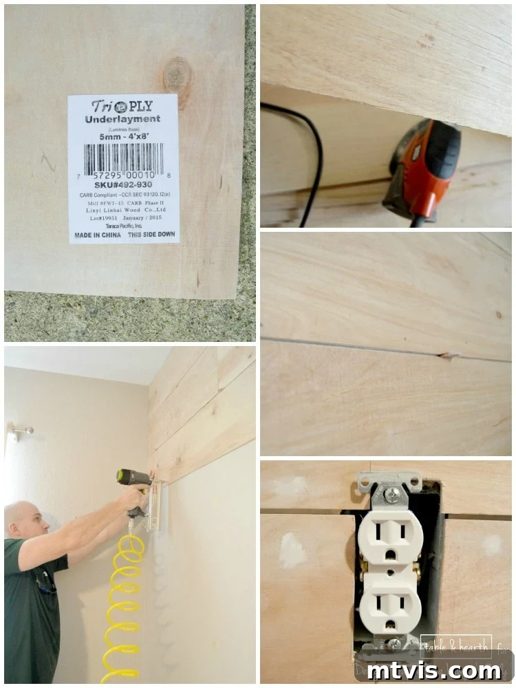 Build a Beautiful Wood Plank Accent Wall 5 Installing the first planks of a DIY wood plank wall