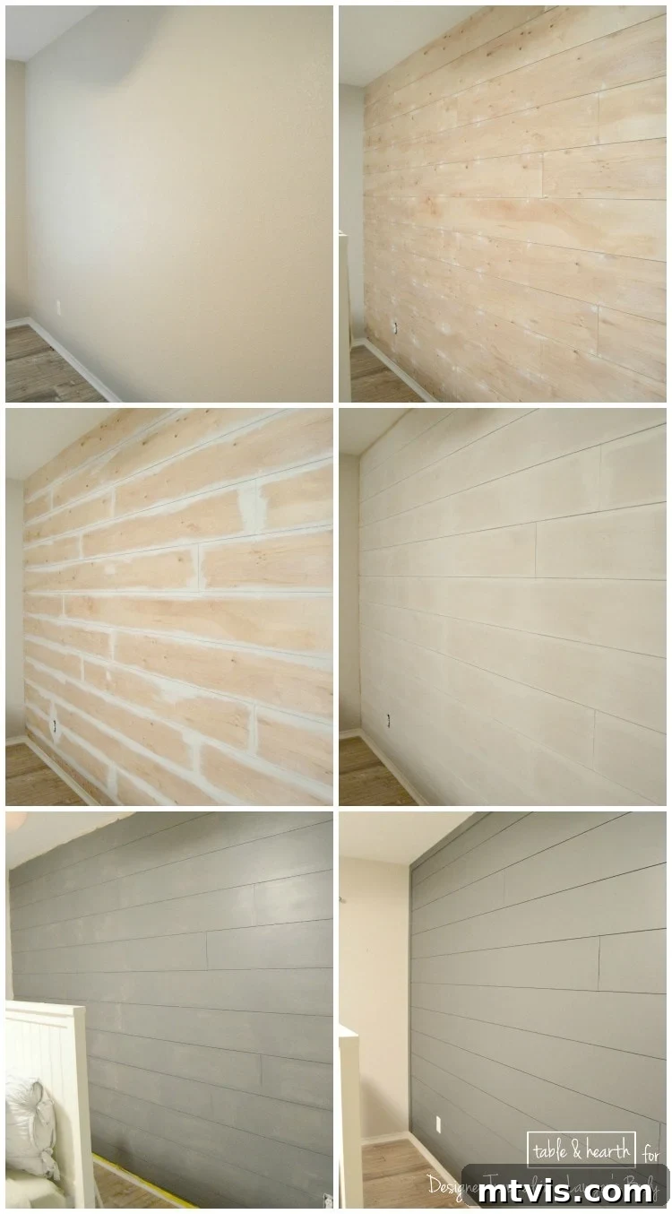 Build a Beautiful Wood Plank Accent Wall 7 Dramatic before and after comparison of a guest room with a newly installed plank wall