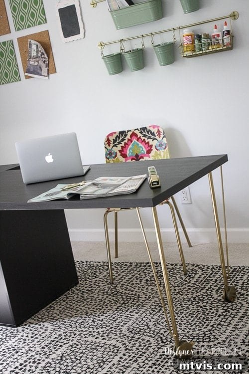 Effortless Ikea Desk Makeover 6 The newly assembled IKEA hack desk in a home office, featuring gold Krille legs and an Alex drawer unit.