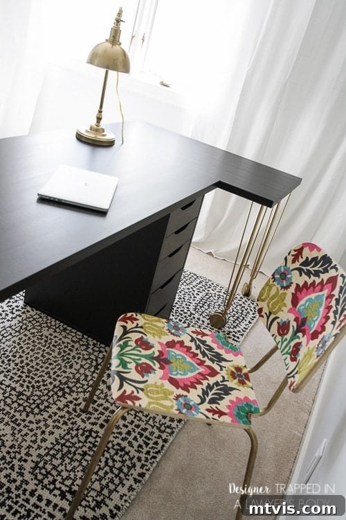 Effortless Ikea Desk Makeover 8 Another view of the DIY IKEA desk hack, showcasing the spacious tabletop and elegant gold Krille legs.