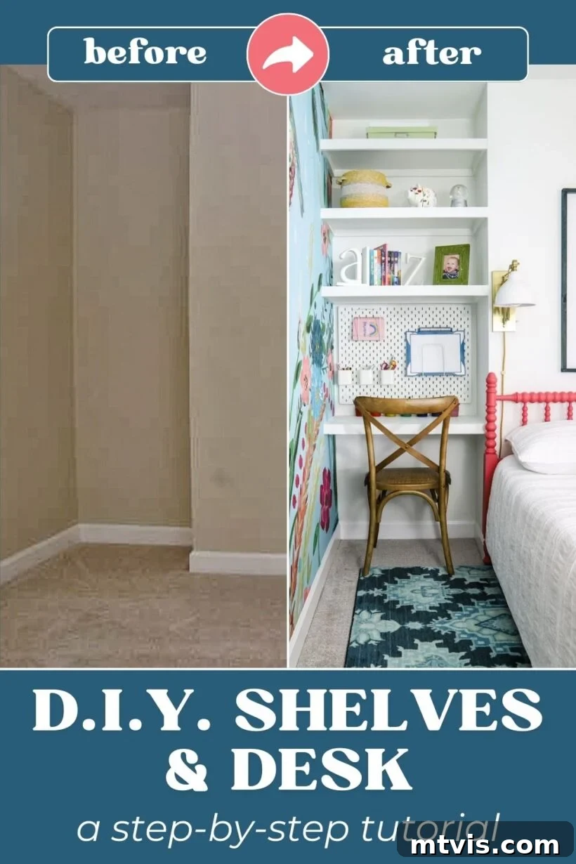 Before and after transformation of an awkward nook in a girl's bedroom, showcasing new DIY floating shelves and a functional floating desk. The once wasted space is now a beautifully organized and practical area.