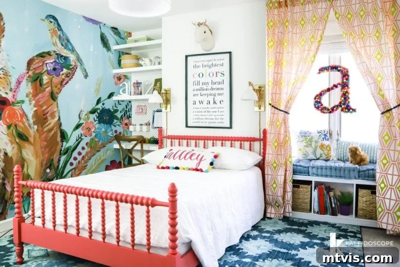 A vibrant girl's bedroom showcasing a colorful wall mural, a classic Jenny Lind bed, and the newly integrated DIY floating shelves and desk, creating a harmonious and functional space.