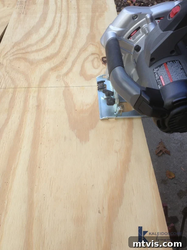 A circular saw being used with a straight edge to precisely cut a sheet of plywood for the DIY floating shelves, highlighting the importance of accurate measurements.