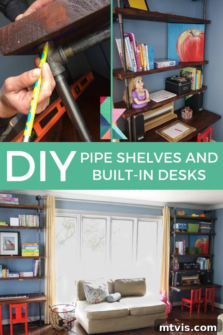 Industrial Chic: DIY Pipe Shelves and Integrated Workspaces 2 Stunning DIY industrial pipe shelves and built-in desk in a modern playroom setting, showcasing functional and stylish design.