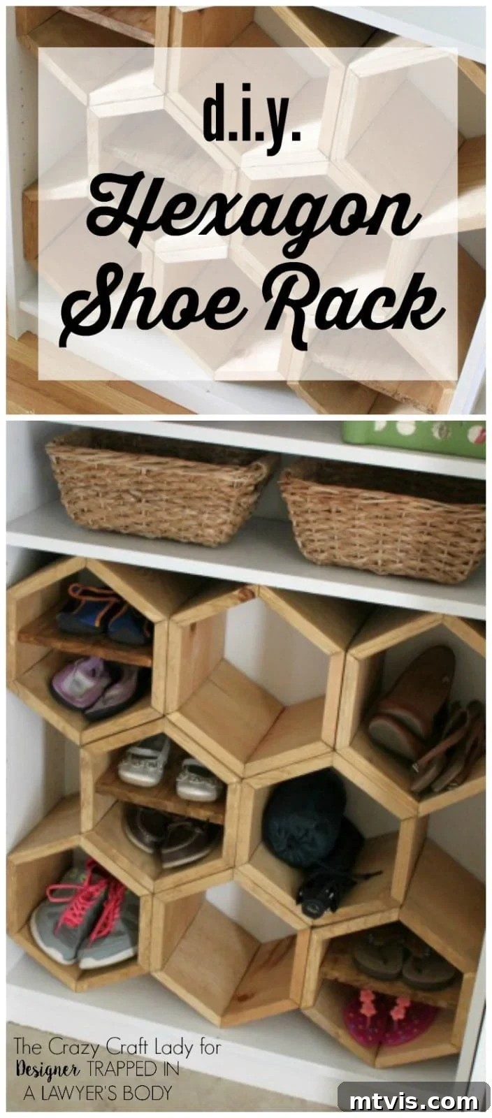Honeycomb Shoe Organizer 2 A rectangular graphic with two photos of a DIY shoe rack made from a bookcase and hexagonal wooden inserts. The text above reads,