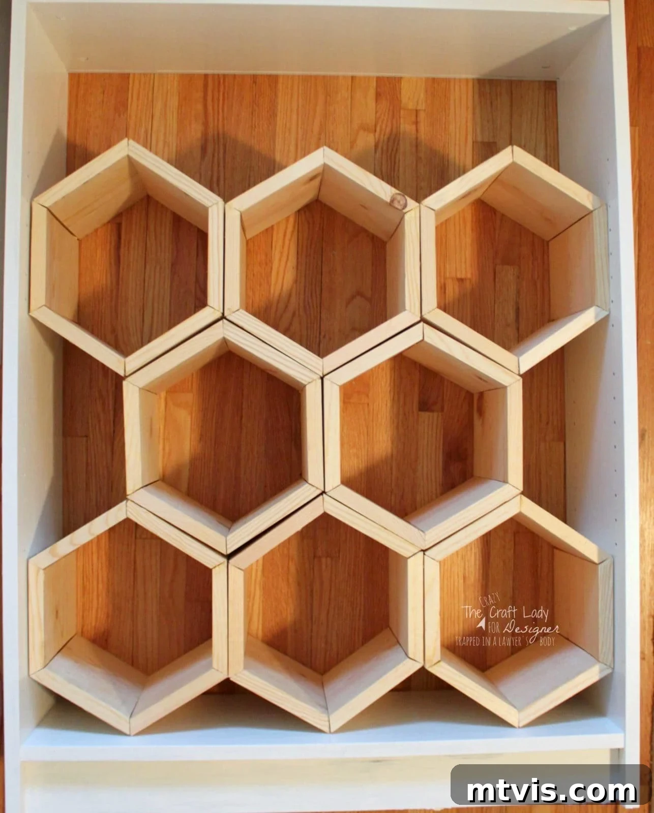 Honeycomb Shoe Organizer 13 DIY shoe rack parts seen from above show a honeycomb-style wooden shoe organizer with hexagon-shaped compartments arranged in a white Billy bookcase frame on a hardwood floor.